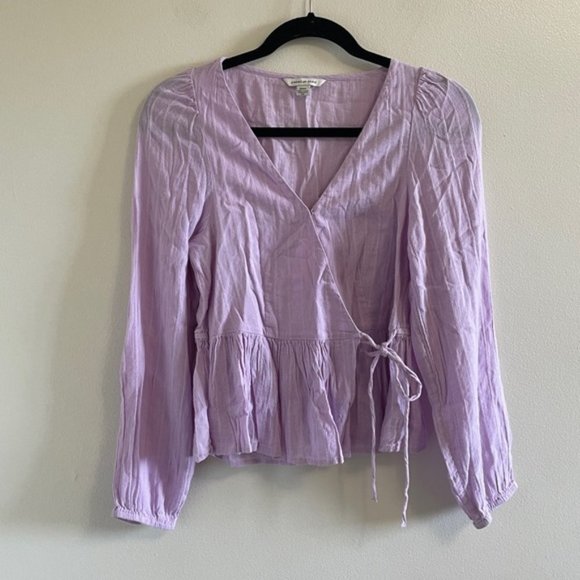 American Eagle Lilac purple peplum wrap blouse long sleeves size small - Picture 3 of 9